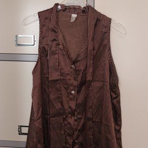 Brown Satin Striped Button Down Top with Tie Detail
